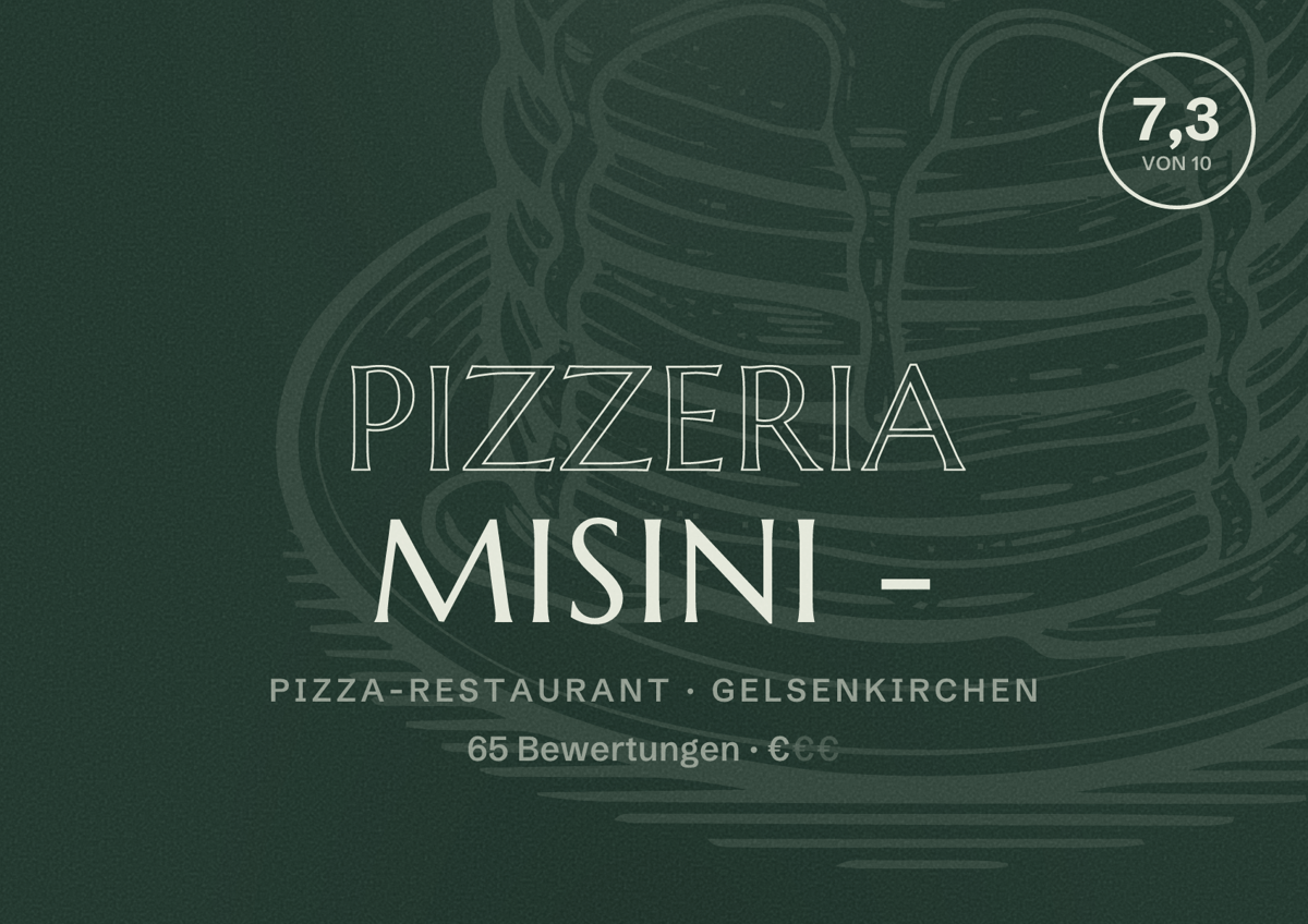 Illustriertes Poster von Pizzeria Misini -, Pizza-Restaurant in Gelsenkirchen: Bewertung 7,3 von 10 aus 65 Bewertungen, Preisniveau €