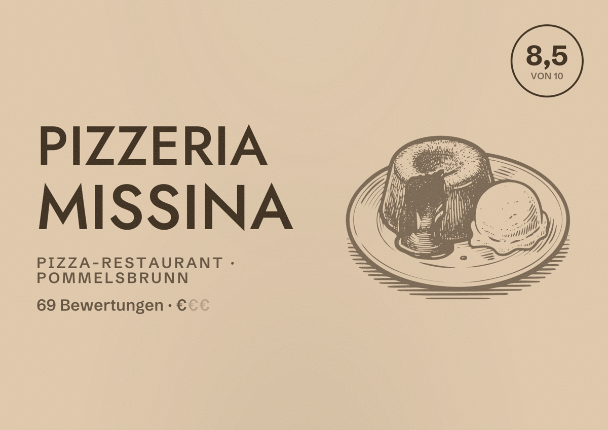 Illustriertes Poster von Pizzeria Missina, Pizza-Restaurant in Pommelsbrunn: Bewertung 8,5 von 10 aus 69 Bewertungen, Preisniveau €