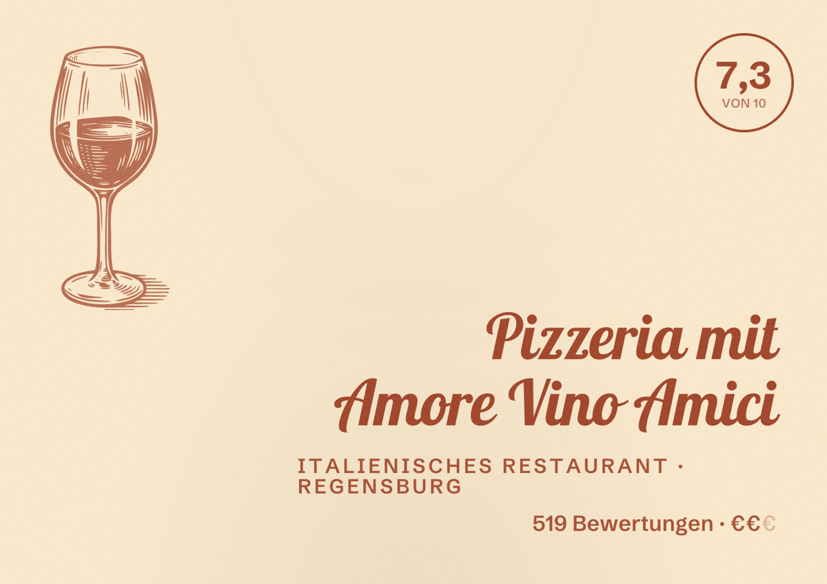 Illustriertes Poster von Pizzeria mit Amore Vino Amici, Italienisches Restaurant in Regensburg: Bewertung 7,3 von 10 aus 519 Bewertungen, Preisniveau €€
