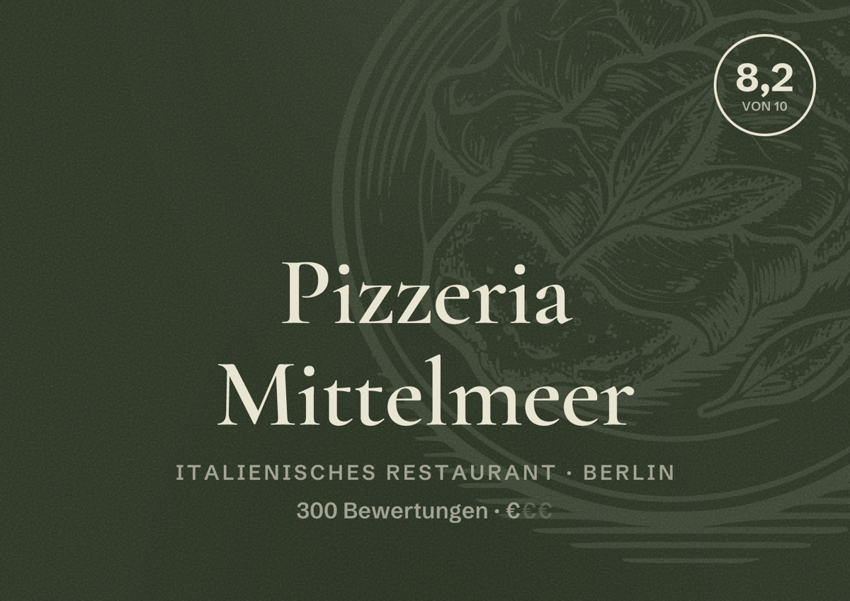 Illustriertes Poster von Pizzeria Mittelmeer, Italienisches Restaurant in Berlin: Bewertung 8,2 von 10 aus 300 Bewertungen, Preisniveau €