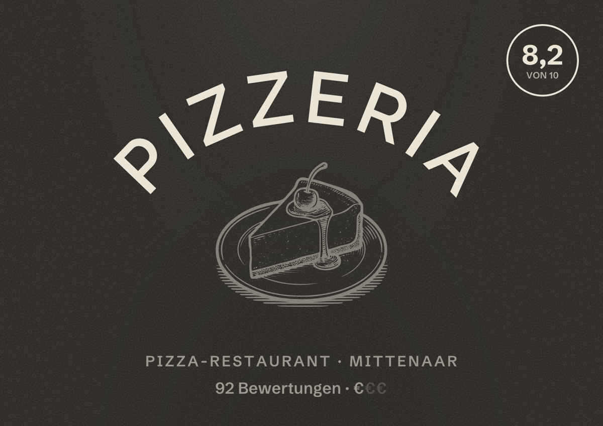 Illustriertes Poster von Pizzeria, Pizza-Restaurant in Mittenaar: Bewertung 8,2 von 10 aus 92 Bewertungen, Preisniveau €