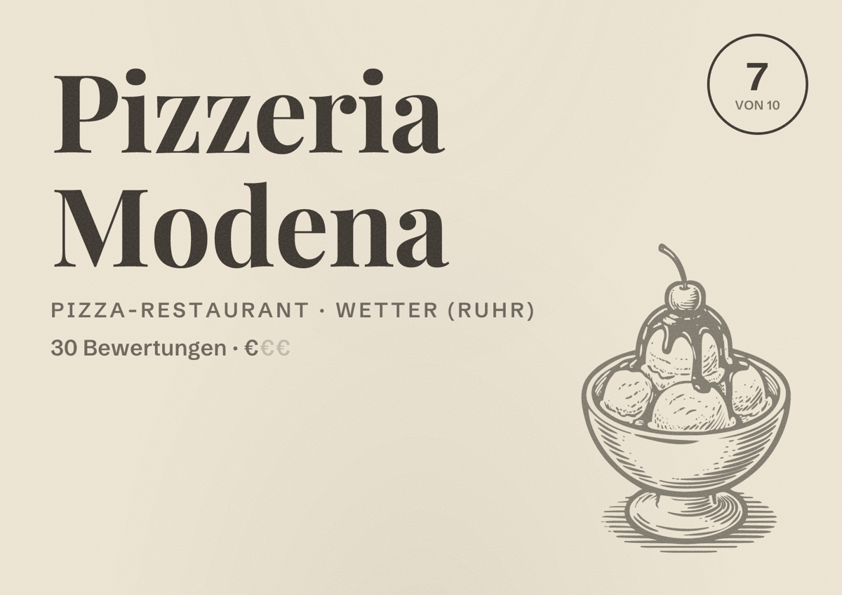 Illustriertes Poster von Pizzeria Modena, Pizza-Restaurant in Wetter (Ruhr): Bewertung 7 von 10 aus 30 Bewertungen, Preisniveau €