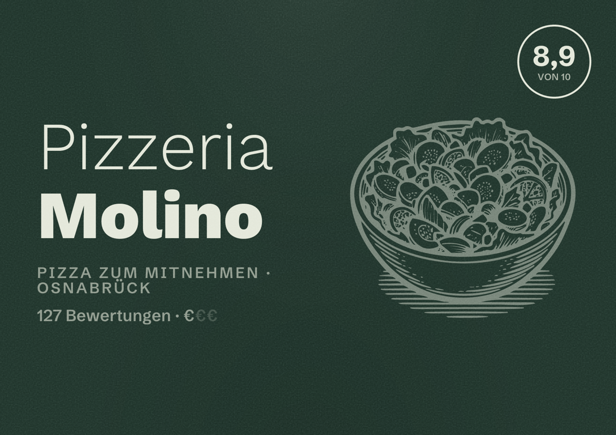 Illustriertes Poster von Pizzeria Molino, Pizza zum Mitnehmen in Osnabrück: Bewertung 8,9 von 10 aus 127 Bewertungen, Preisniveau €