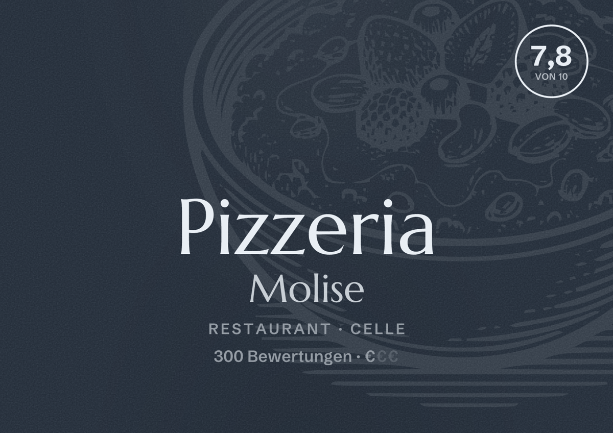 Illustriertes Poster von Pizzeria Molise, Restaurant in Celle: Bewertung 7,8 von 10 aus 300 Bewertungen, Preisniveau €