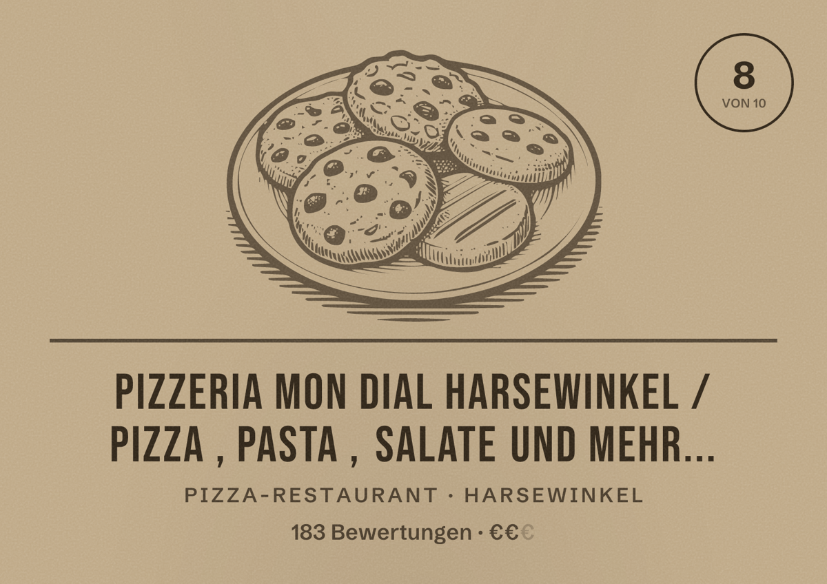 Illustriertes Poster von Pizzeria Mon Dial Harsewinkel / Pizza , Pasta , Salate und mehr..., Pizza-Restaurant in Harsewinkel: Bewertung 8 von 10 aus 183 Bewertungen, Preisniveau €€