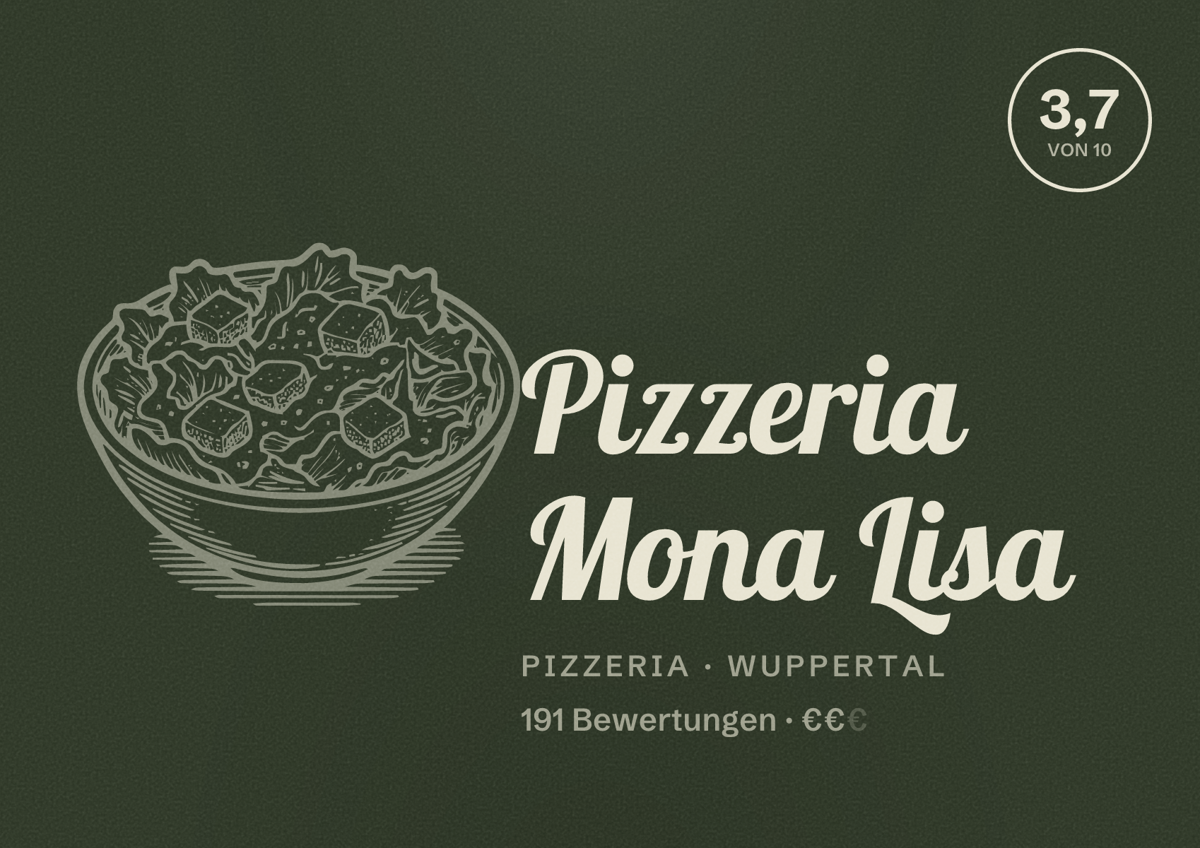 Illustriertes Poster von Pizzeria Mona Lisa, Pizzeria in Wuppertal: Bewertung 3,7 von 10 aus 191 Bewertungen, Preisniveau €€