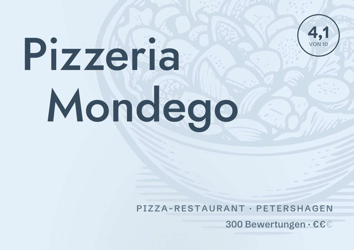 Illustriertes Poster von Pizzeria Mondego, Pizza-Restaurant in Petershagen: Bewertung 4,1 von 10 aus 300 Bewertungen, Preisniveau €€