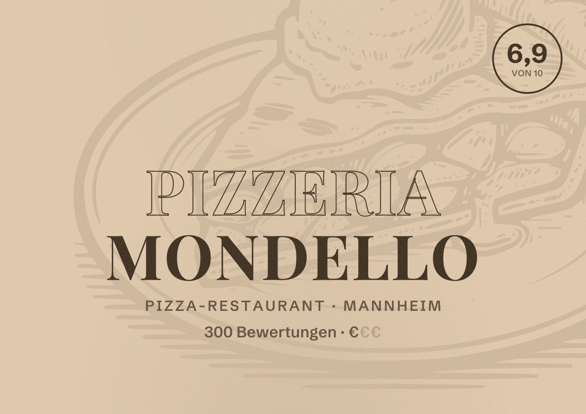 Illustriertes Poster von Pizzeria Mondello, Pizza-Restaurant in Mannheim: Bewertung 6,9 von 10 aus 300 Bewertungen, Preisniveau €