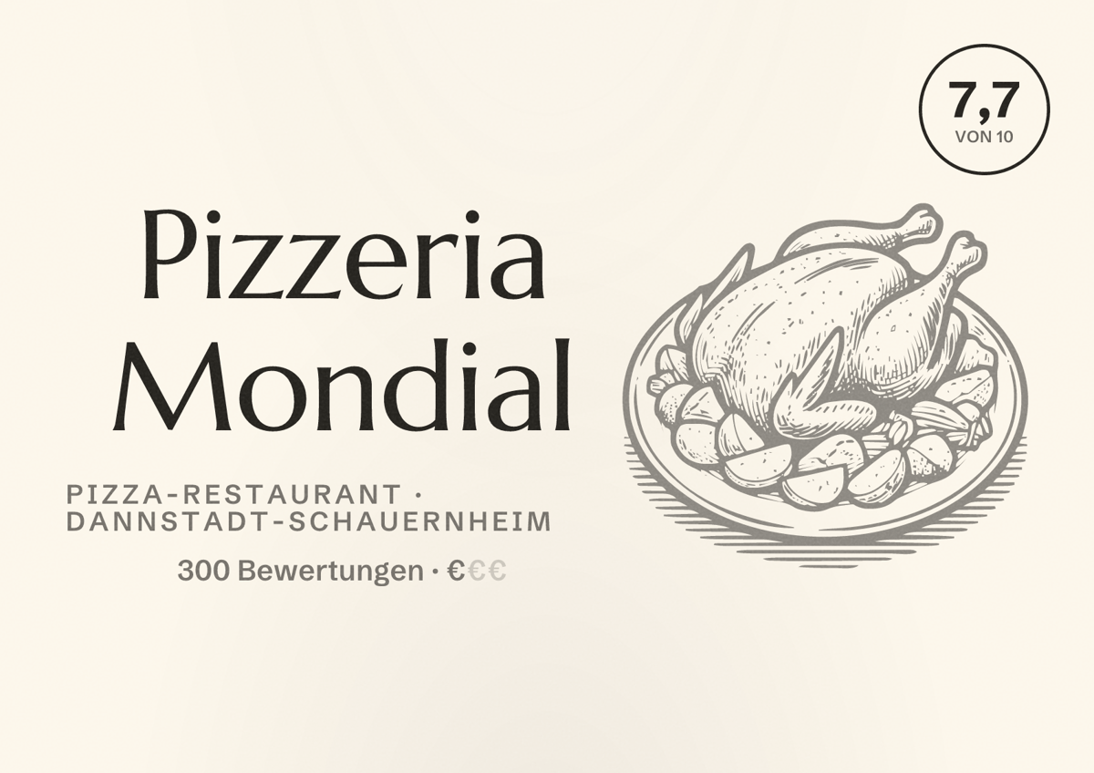 Illustriertes Poster von Pizzeria Mondial, Pizza-Restaurant in Dannstadt-Schauernheim: Bewertung 7,7 von 10 aus 300 Bewertungen, Preisniveau €