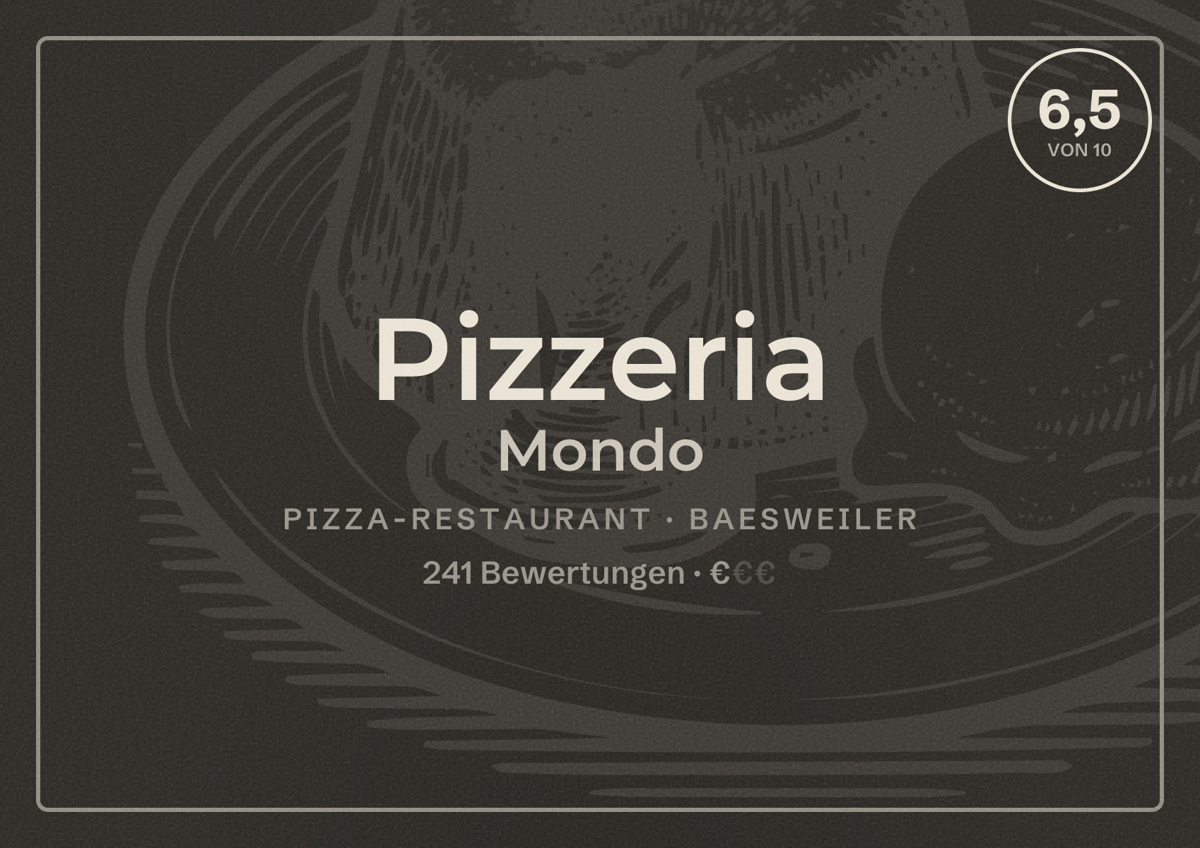 Illustriertes Poster von Pizzeria Mondo, Pizza-Restaurant in Baesweiler: Bewertung 6,5 von 10 aus 241 Bewertungen, Preisniveau €
