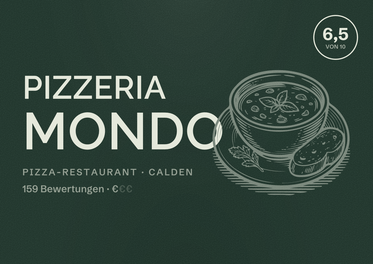 Illustriertes Poster von Pizzeria Mondo, Pizza-Restaurant in Calden: Bewertung 6,5 von 10 aus 159 Bewertungen, Preisniveau €