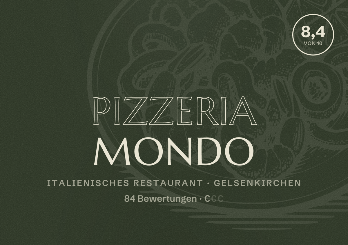 Illustriertes Poster von Pizzeria Mondo, Italienisches Restaurant in Gelsenkirchen: Bewertung 8,4 von 10 aus 84 Bewertungen, Preisniveau €