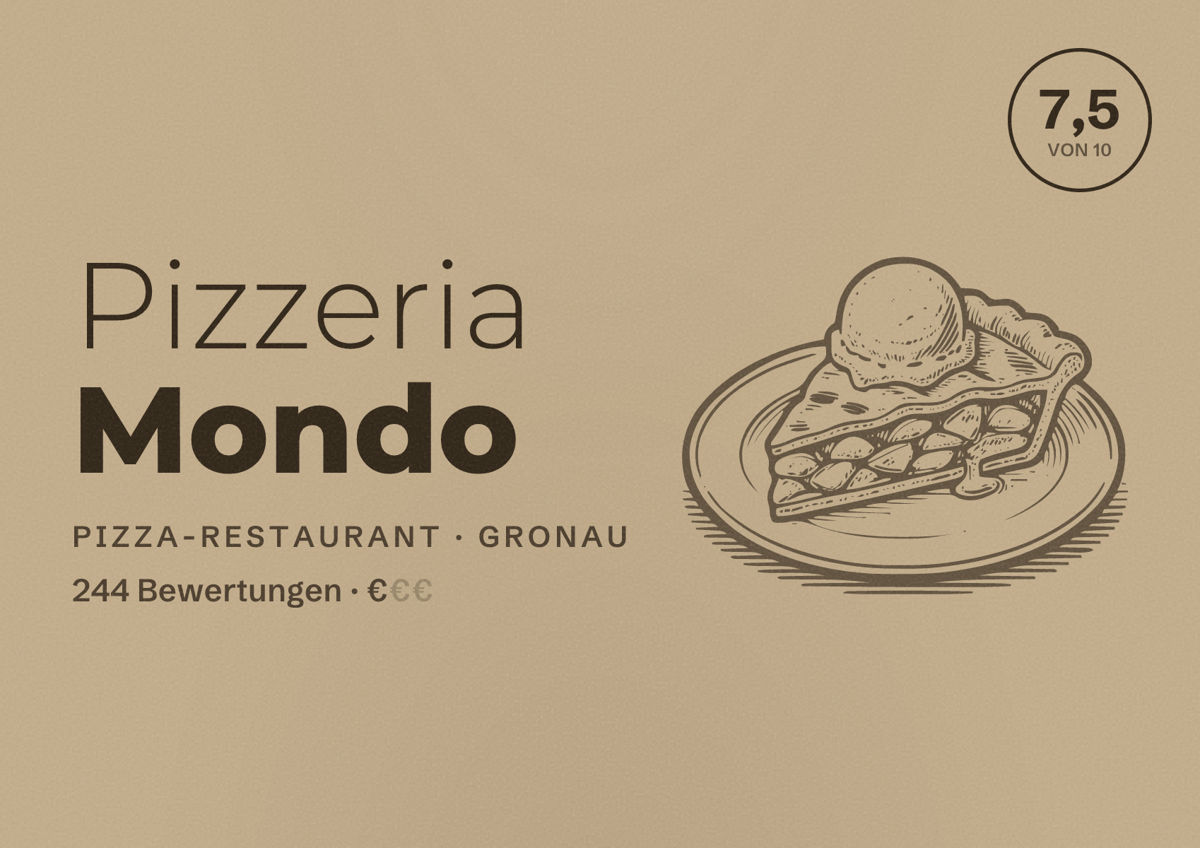 Illustriertes Poster von Pizzeria Mondo, Pizza-Restaurant in Gronau: Bewertung 7,5 von 10 aus 244 Bewertungen, Preisniveau €