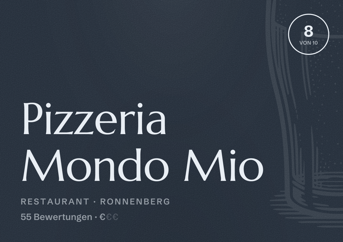 Illustriertes Poster von Pizzeria Mondo Mio, Restaurant in Ronnenberg: Bewertung 8 von 10 aus 55 Bewertungen, Preisniveau €