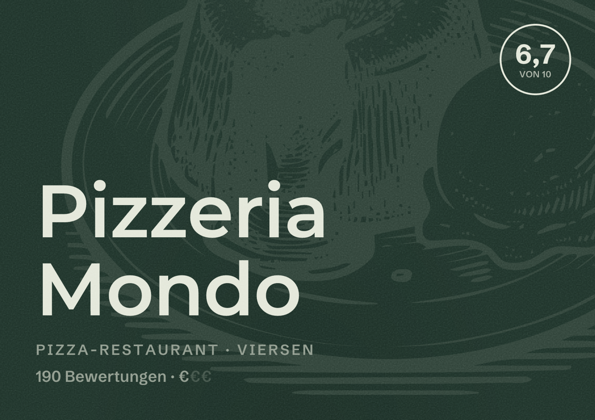 Illustriertes Poster von Pizzeria Mondo, Pizza-Restaurant in Viersen: Bewertung 6,7 von 10 aus 190 Bewertungen, Preisniveau €