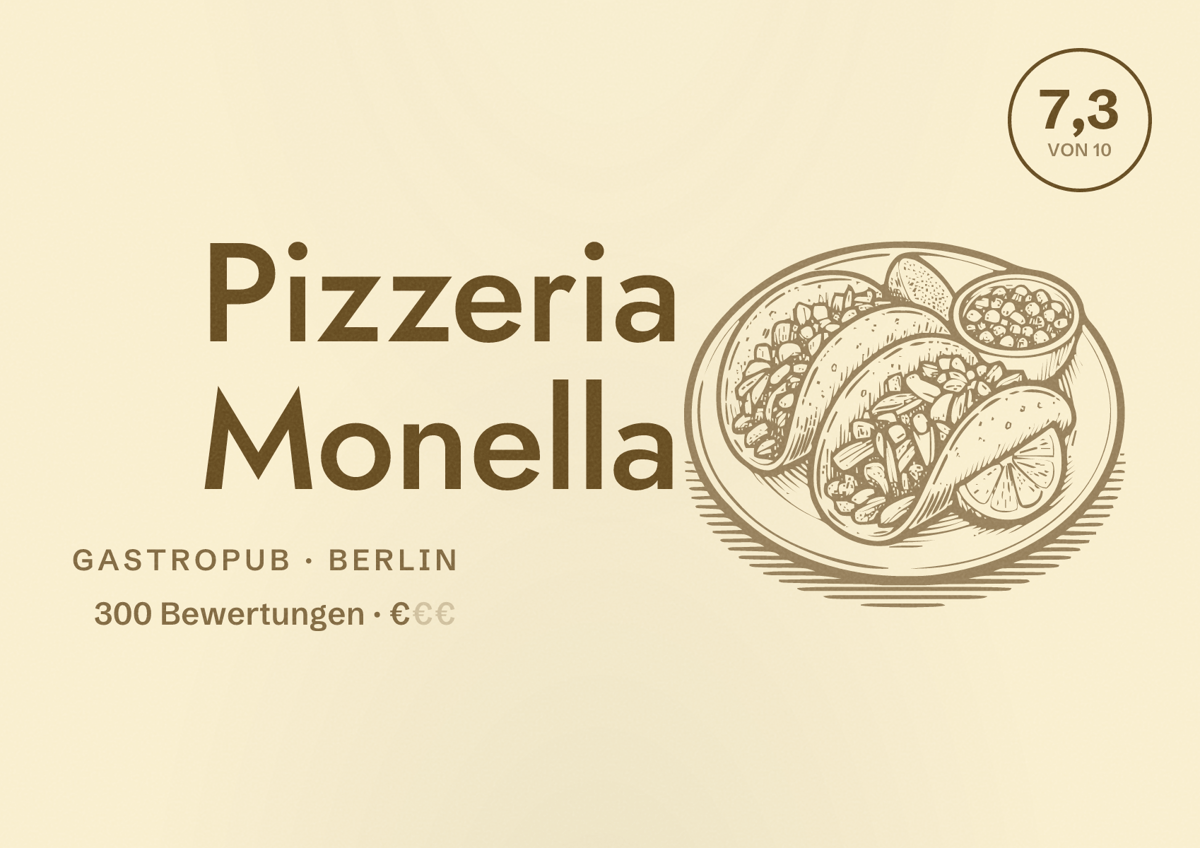 Illustriertes Poster von Pizzeria Monella, Gastropub in Berlin: Bewertung 7,3 von 10 aus 300 Bewertungen, Preisniveau €