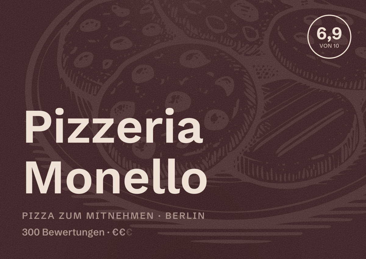 Illustriertes Poster von Pizzeria Monello, Pizza zum Mitnehmen in Berlin: Bewertung 6,9 von 10 aus 300 Bewertungen, Preisniveau €€