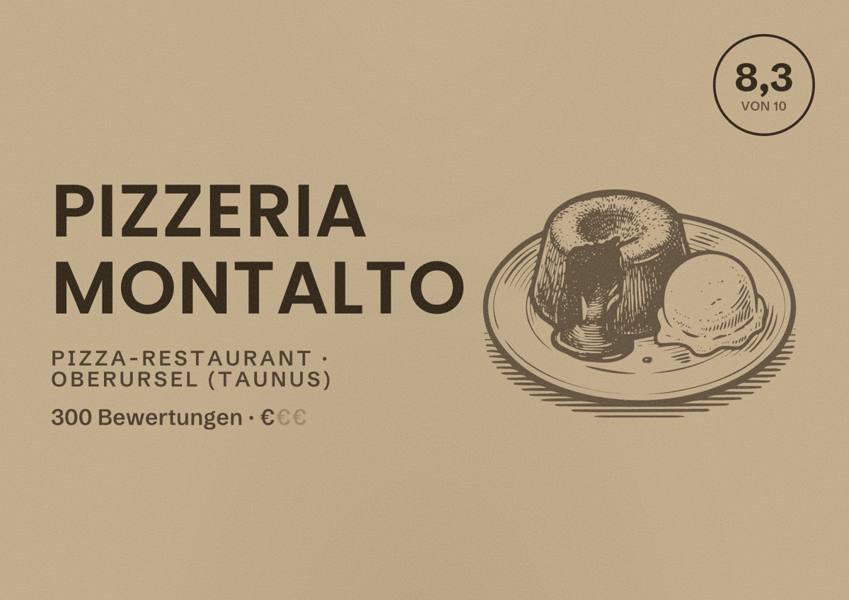 Illustriertes Poster von Pizzeria Montalto, Pizza-Restaurant in Oberursel (Taunus): Bewertung 8,3 von 10 aus 300 Bewertungen, Preisniveau €