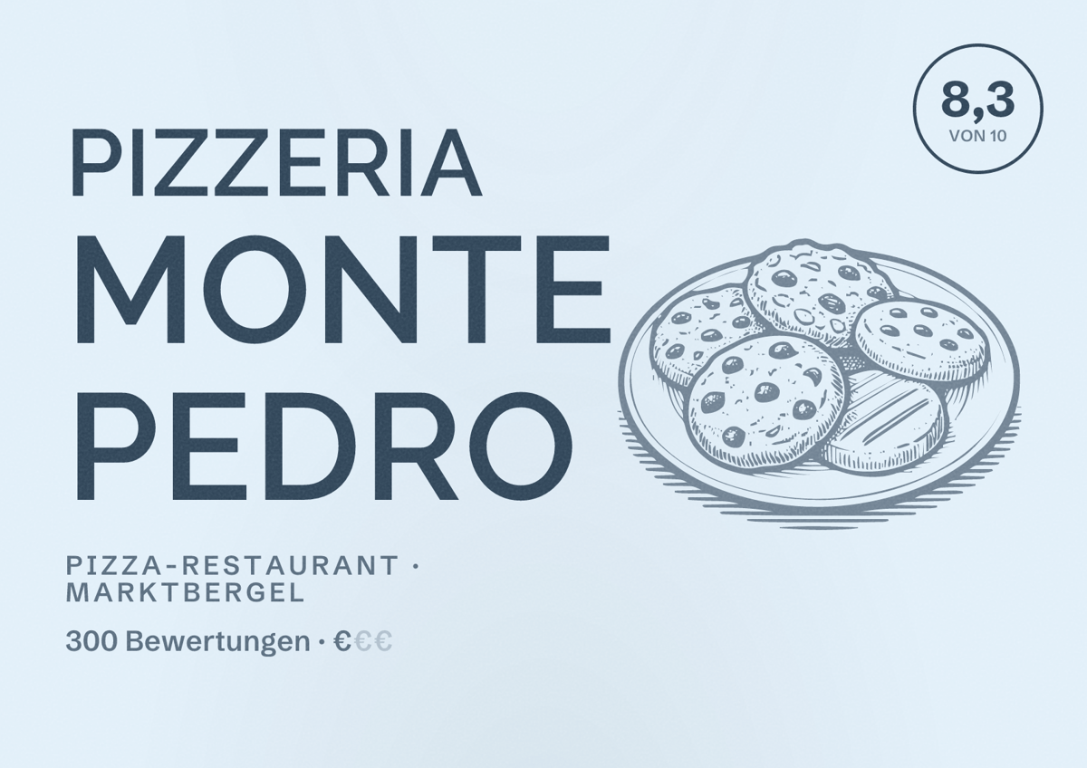 Illustriertes Poster von Pizzeria Monte Pedro, Pizza-Restaurant in Marktbergel: Bewertung 8,3 von 10 aus 300 Bewertungen, Preisniveau €