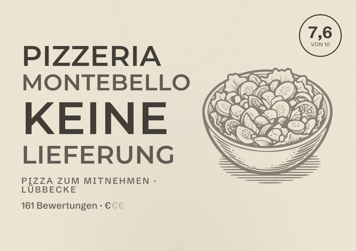 Illustriertes Poster von Pizzeria Montebello Keine Lieferung, Pizza zum Mitnehmen in Lübbecke: Bewertung 7,6 von 10 aus 161 Bewertungen, Preisniveau €