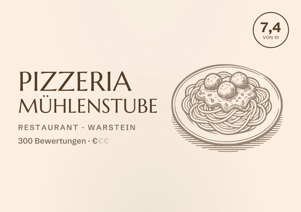 Illustriertes Poster von Pizzeria Mühlenstube, Restaurant in Warstein: Bewertung 7,4 von 10 aus 300 Bewertungen, Preisniveau €