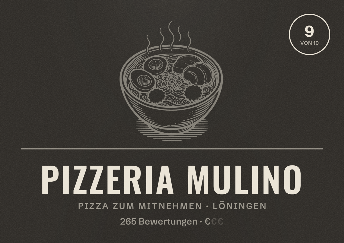 Illustriertes Poster von Pizzeria Mulino, Pizza zum Mitnehmen in Löningen: Bewertung 9 von 10 aus 265 Bewertungen, Preisniveau €