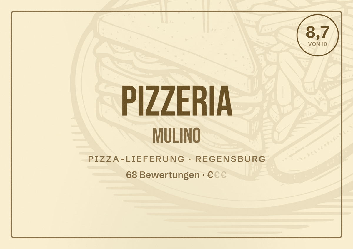 Illustriertes Poster von Pizzeria Mulino, Pizza-Lieferung in Regensburg: Bewertung 8,7 von 10 aus 68 Bewertungen, Preisniveau €