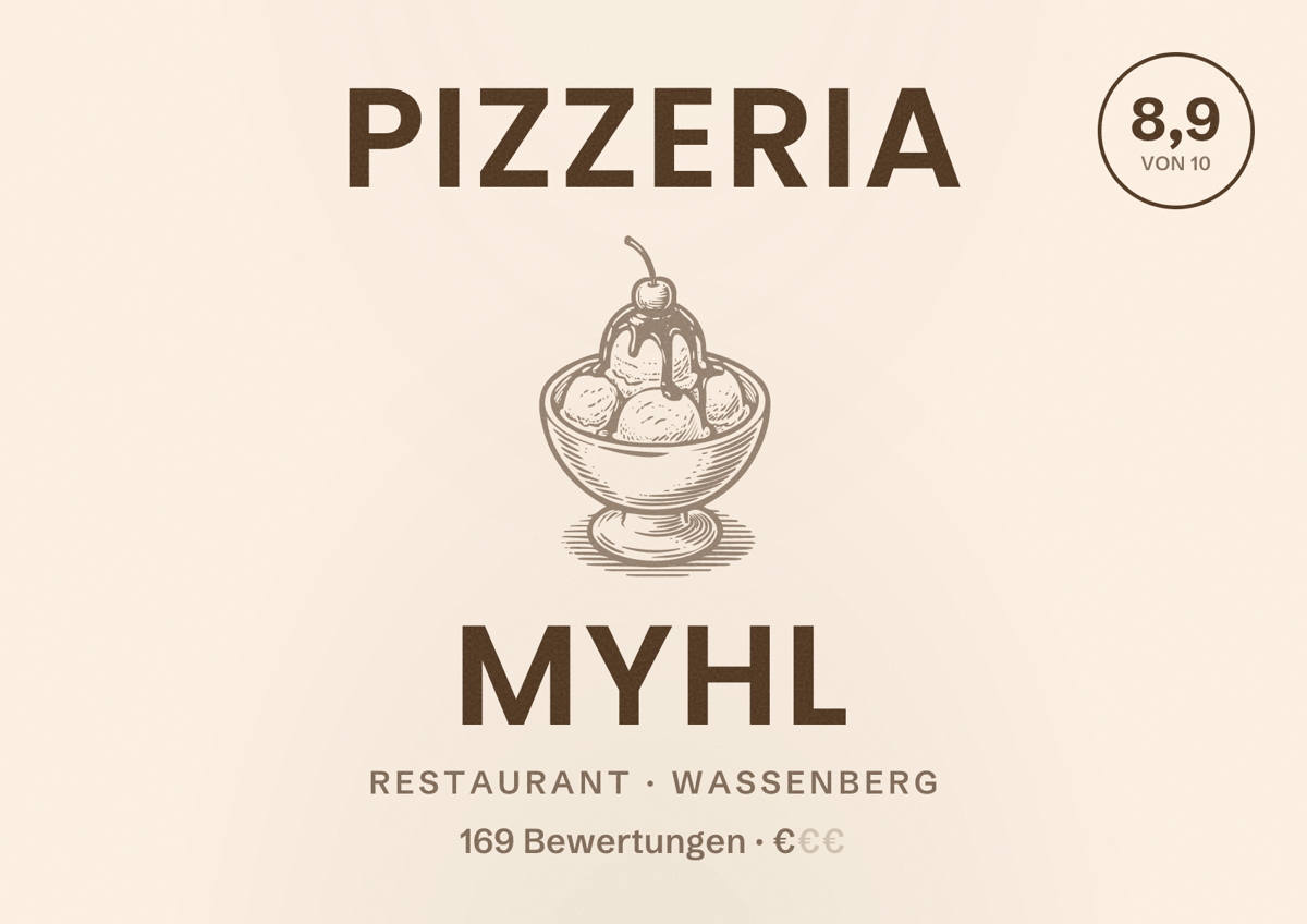 Illustriertes Poster von Pizzeria Myhl, Restaurant in Wassenberg: Bewertung 8,9 von 10 aus 169 Bewertungen, Preisniveau €