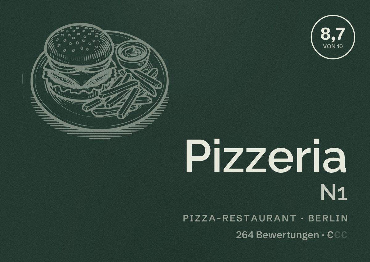 Illustriertes Poster von Pizzeria N1, Pizza-Restaurant in Berlin: Bewertung 8,7 von 10 aus 264 Bewertungen, Preisniveau €