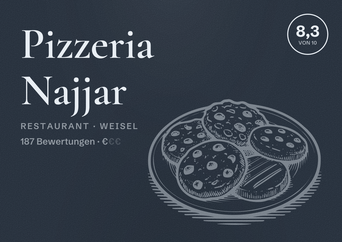 Illustriertes Poster von Pizzeria Najjar, Restaurant in Weisel: Bewertung 8,3 von 10 aus 187 Bewertungen, Preisniveau €