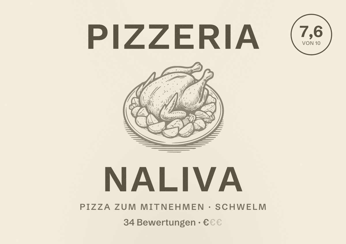 Illustriertes Poster von Pizzeria Naliva, Pizza zum Mitnehmen in Schwelm: Bewertung 7,6 von 10 aus 34 Bewertungen, Preisniveau €