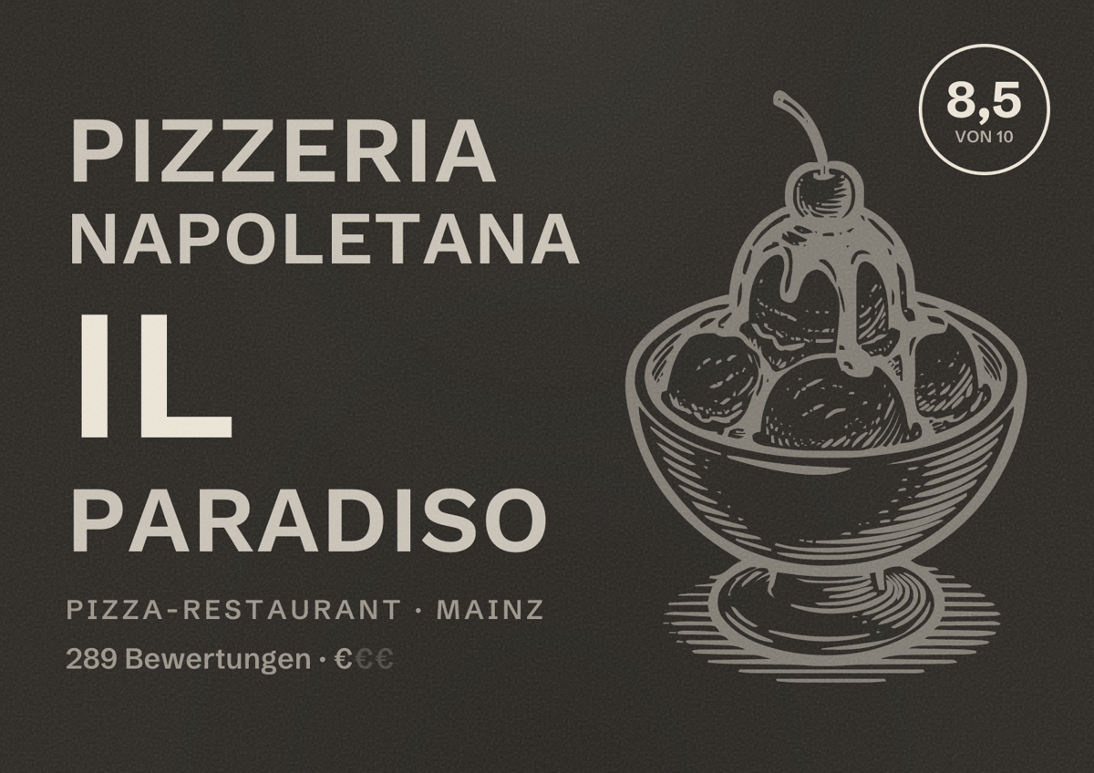 Illustriertes Poster von Pizzeria napoletana Il Paradiso, Pizza-Restaurant in Mainz: Bewertung 8,5 von 10 aus 289 Bewertungen, Preisniveau €