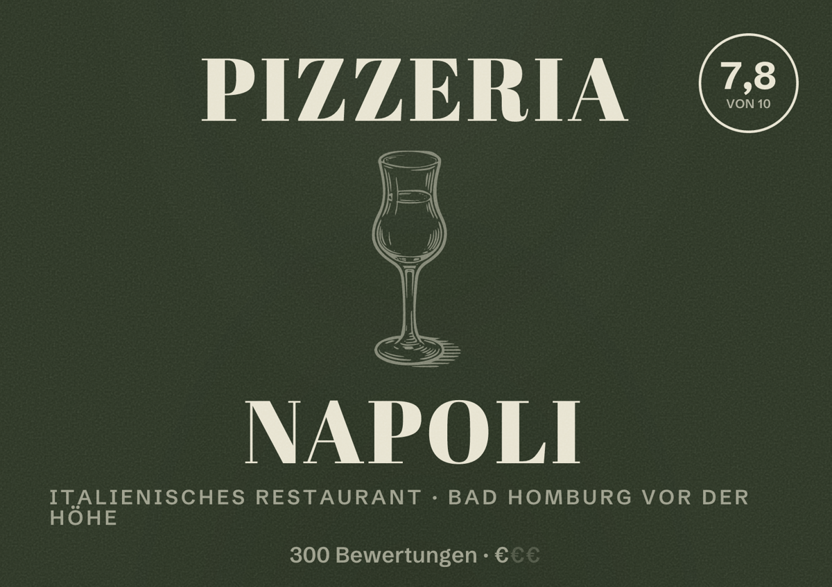 Illustriertes Poster von Pizzeria Napoli, Italienisches Restaurant in Bad Homburg vor der Höhe: Bewertung 7,8 von 10 aus 300 Bewertungen, Preisniveau €