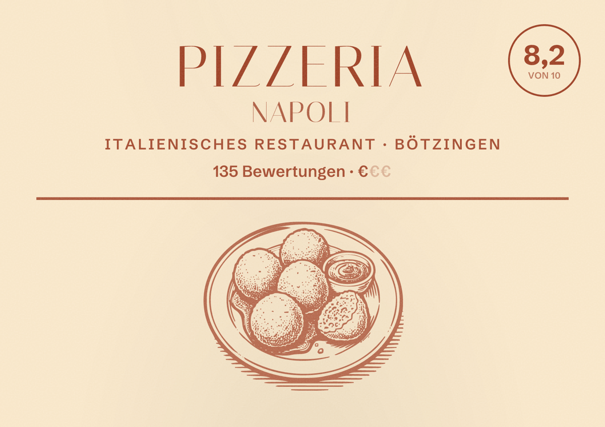 Illustriertes Poster von Pizzeria Napoli, Italienisches Restaurant in Bötzingen: Bewertung 8,2 von 10 aus 135 Bewertungen, Preisniveau €