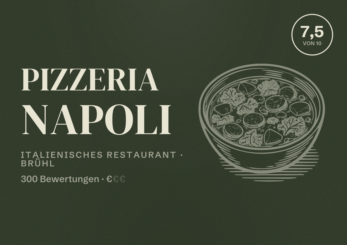 Illustriertes Poster von Pizzeria Napoli, Italienisches Restaurant in Brühl: Bewertung 7,5 von 10 aus 300 Bewertungen, Preisniveau €