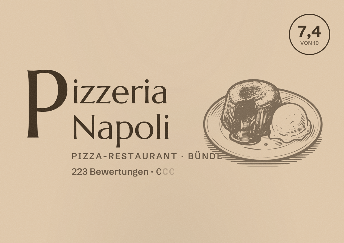 Illustriertes Poster von Pizzeria Napoli, Pizza-Restaurant in Bünde: Bewertung 7,4 von 10 aus 223 Bewertungen, Preisniveau €