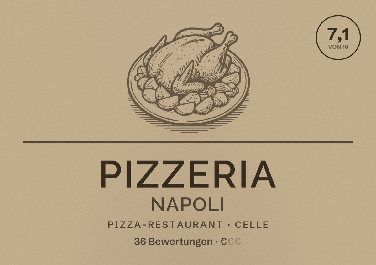 Illustriertes Poster von Pizzeria Napoli, Pizza-Restaurant in Celle: Bewertung 7,1 von 10 aus 36 Bewertungen, Preisniveau €