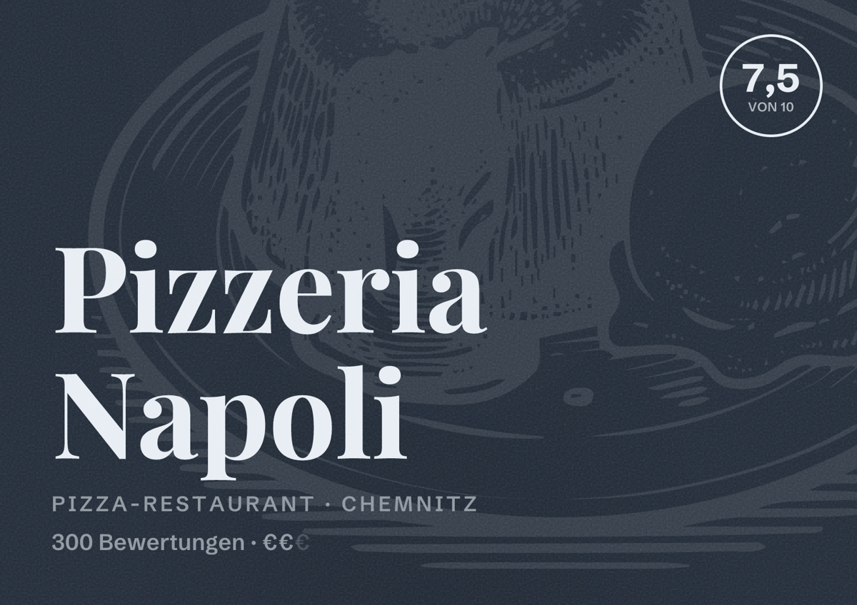 Illustriertes Poster von Pizzeria Napoli, Pizza-Restaurant in Chemnitz: Bewertung 7,5 von 10 aus 300 Bewertungen, Preisniveau €€