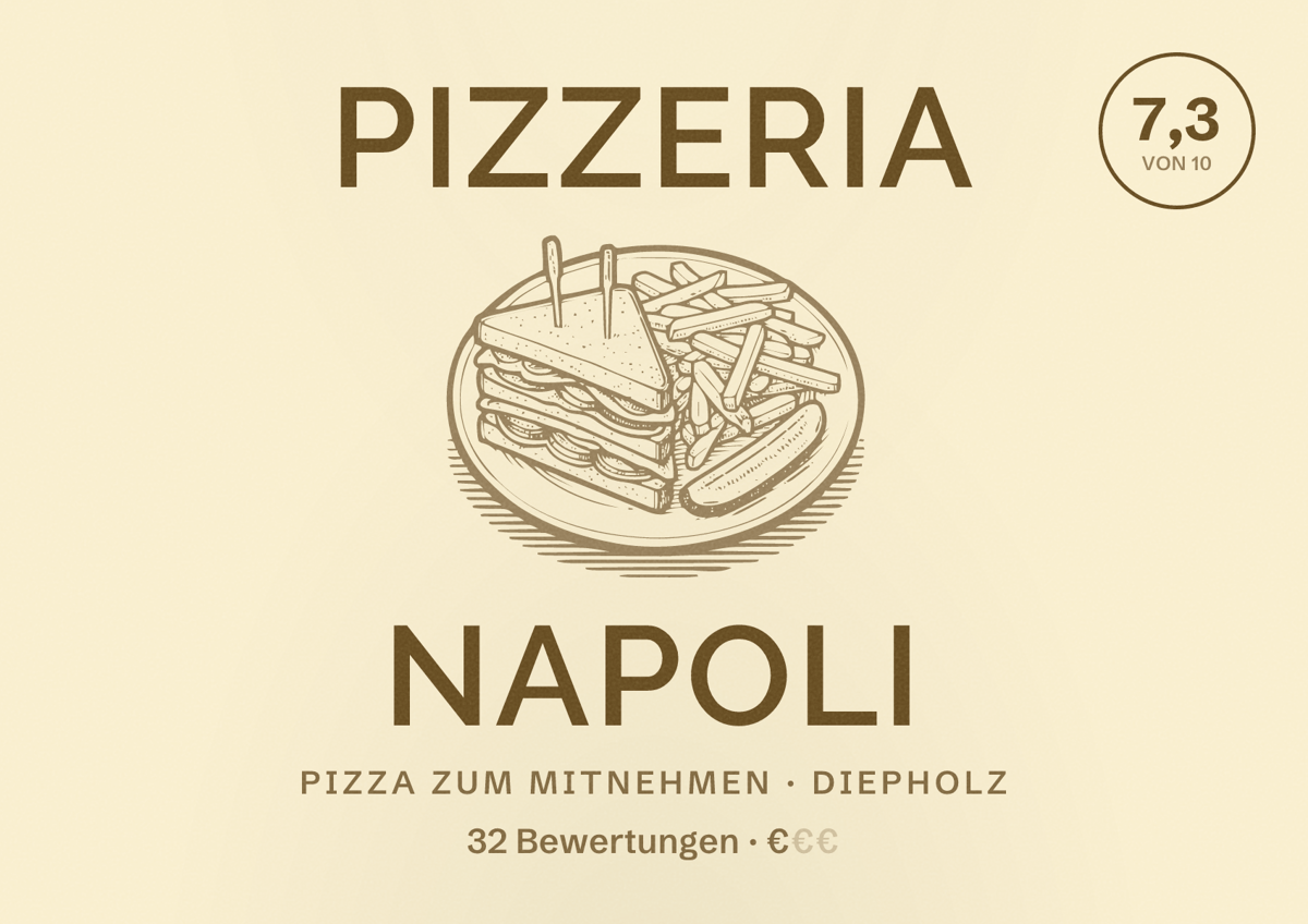 Illustriertes Poster von Pizzeria Napoli, Pizza zum Mitnehmen in Diepholz: Bewertung 7,3 von 10 aus 32 Bewertungen, Preisniveau €