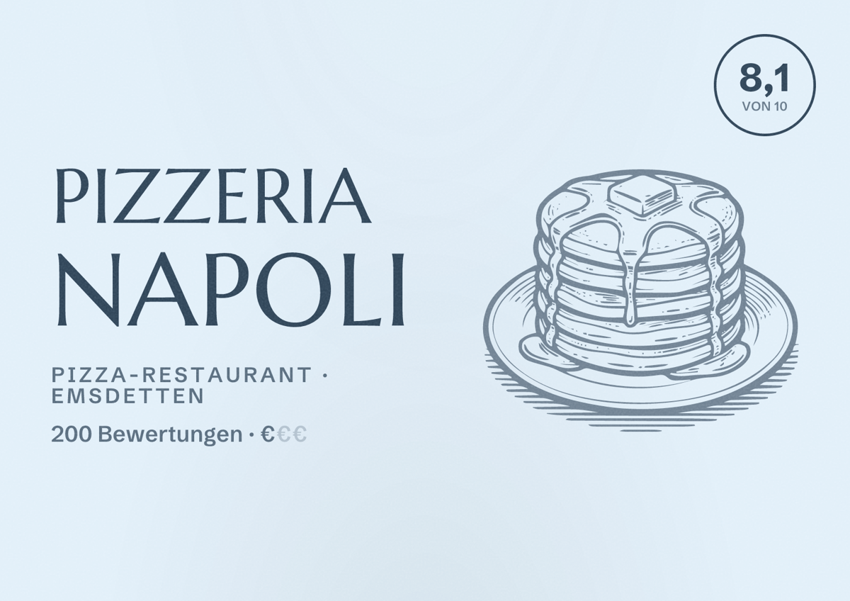 Illustriertes Poster von Pizzeria Napoli, Pizza-Restaurant in Emsdetten: Bewertung 8,1 von 10 aus 200 Bewertungen, Preisniveau €