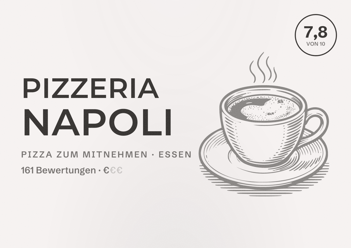 Illustriertes Poster von Pizzeria Napoli, Pizza zum Mitnehmen in Essen: Bewertung 7,8 von 10 aus 161 Bewertungen, Preisniveau €