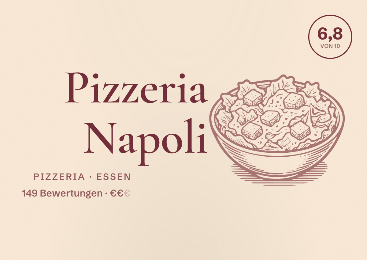 Illustriertes Poster von Pizzeria Napoli, Pizzeria in Essen: Bewertung 6,8 von 10 aus 149 Bewertungen, Preisniveau €€