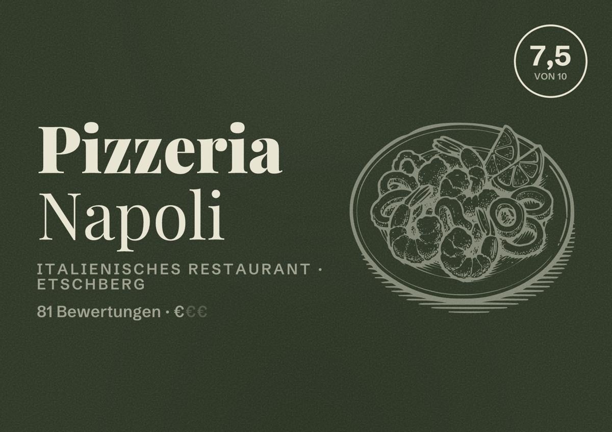 Illustriertes Poster von Pizzeria Napoli, Italienisches Restaurant in Etschberg: Bewertung 7,5 von 10 aus 81 Bewertungen, Preisniveau €