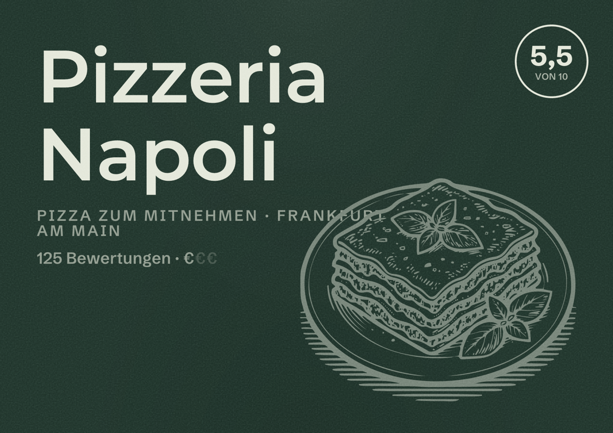 Illustriertes Poster von Pizzeria Napoli, Pizza zum Mitnehmen in Frankfurt am Main: Bewertung 5,5 von 10 aus 125 Bewertungen, Preisniveau €