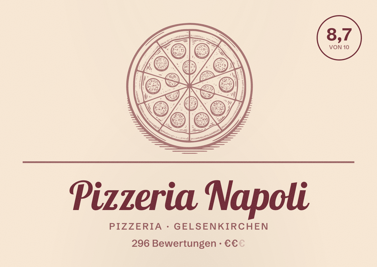 Illustriertes Poster von Pizzeria Napoli, Pizzeria in Gelsenkirchen: Bewertung 8,7 von 10 aus 296 Bewertungen, Preisniveau €€