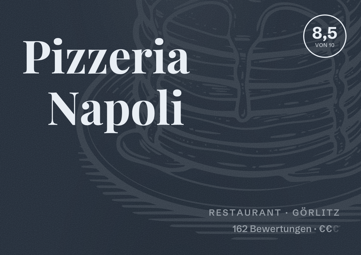 Illustriertes Poster von Pizzeria Napoli, Restaurant in Görlitz: Bewertung 8,5 von 10 aus 162 Bewertungen, Preisniveau €€