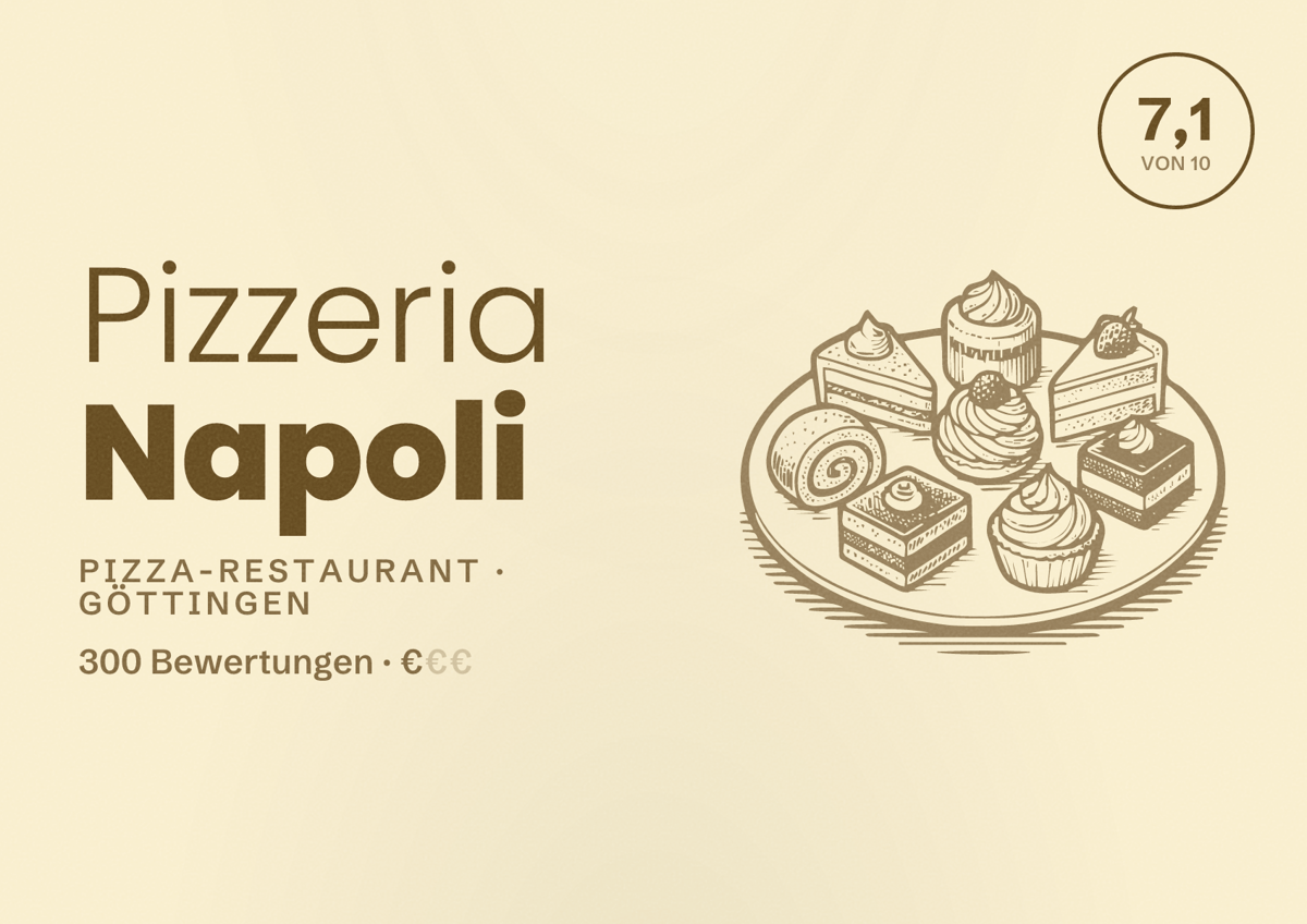 Illustriertes Poster von Pizzeria Napoli, Pizza-Restaurant in Göttingen: Bewertung 7,1 von 10 aus 300 Bewertungen, Preisniveau €