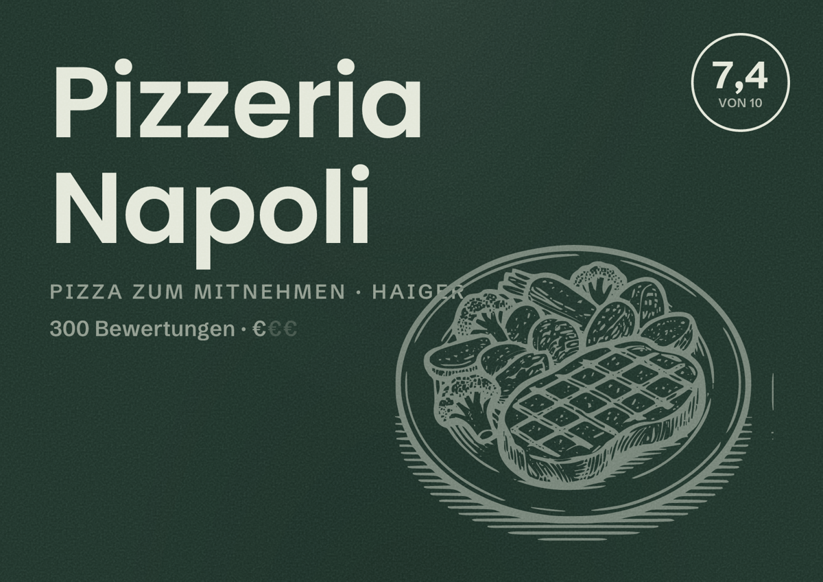 Illustriertes Poster von Pizzeria Napoli, Pizza zum Mitnehmen in Haiger: Bewertung 7,4 von 10 aus 300 Bewertungen, Preisniveau €