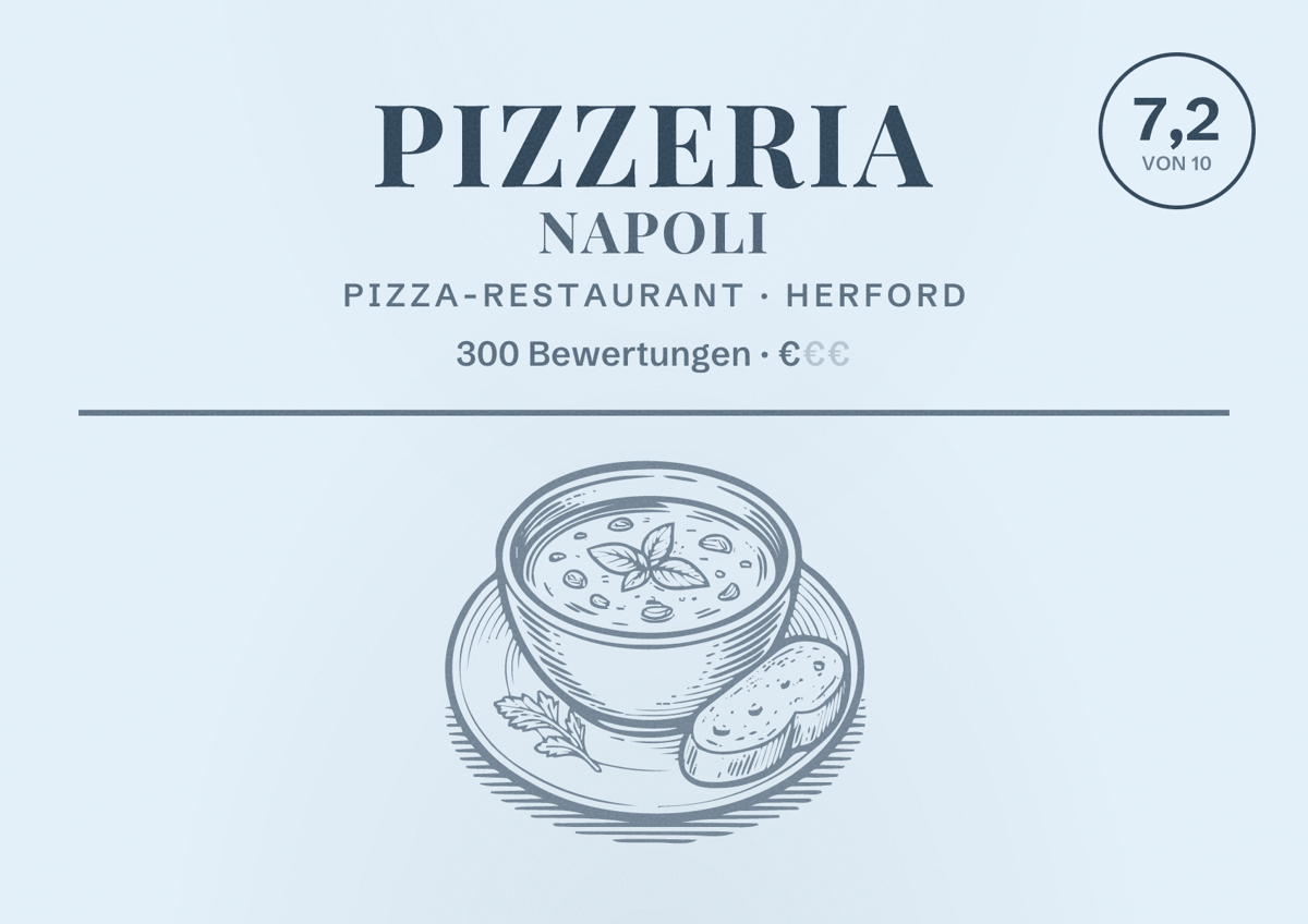 Illustriertes Poster von Pizzeria Napoli, Pizza-Restaurant in Herford: Bewertung 7,2 von 10 aus 300 Bewertungen, Preisniveau €