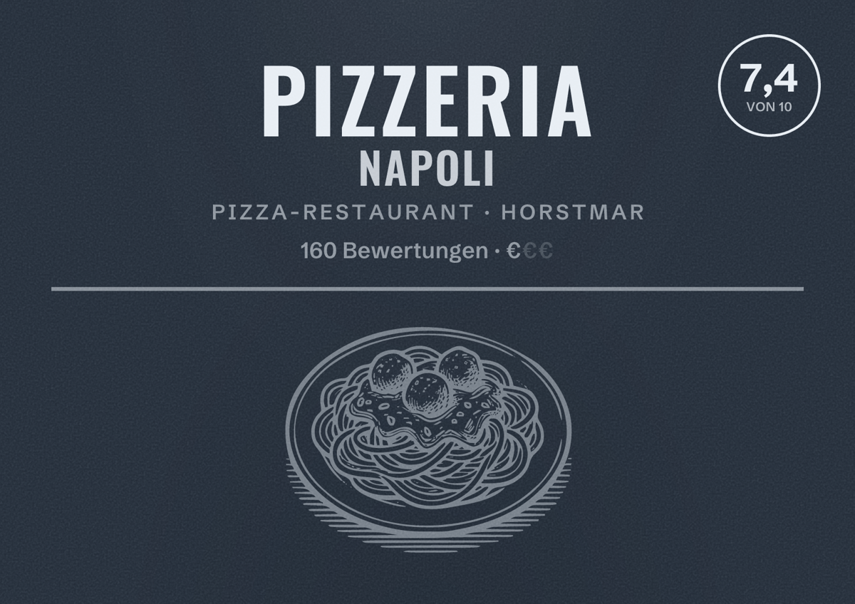 Illustriertes Poster von Pizzeria Napoli, Pizza-Restaurant in Horstmar: Bewertung 7,4 von 10 aus 160 Bewertungen, Preisniveau €